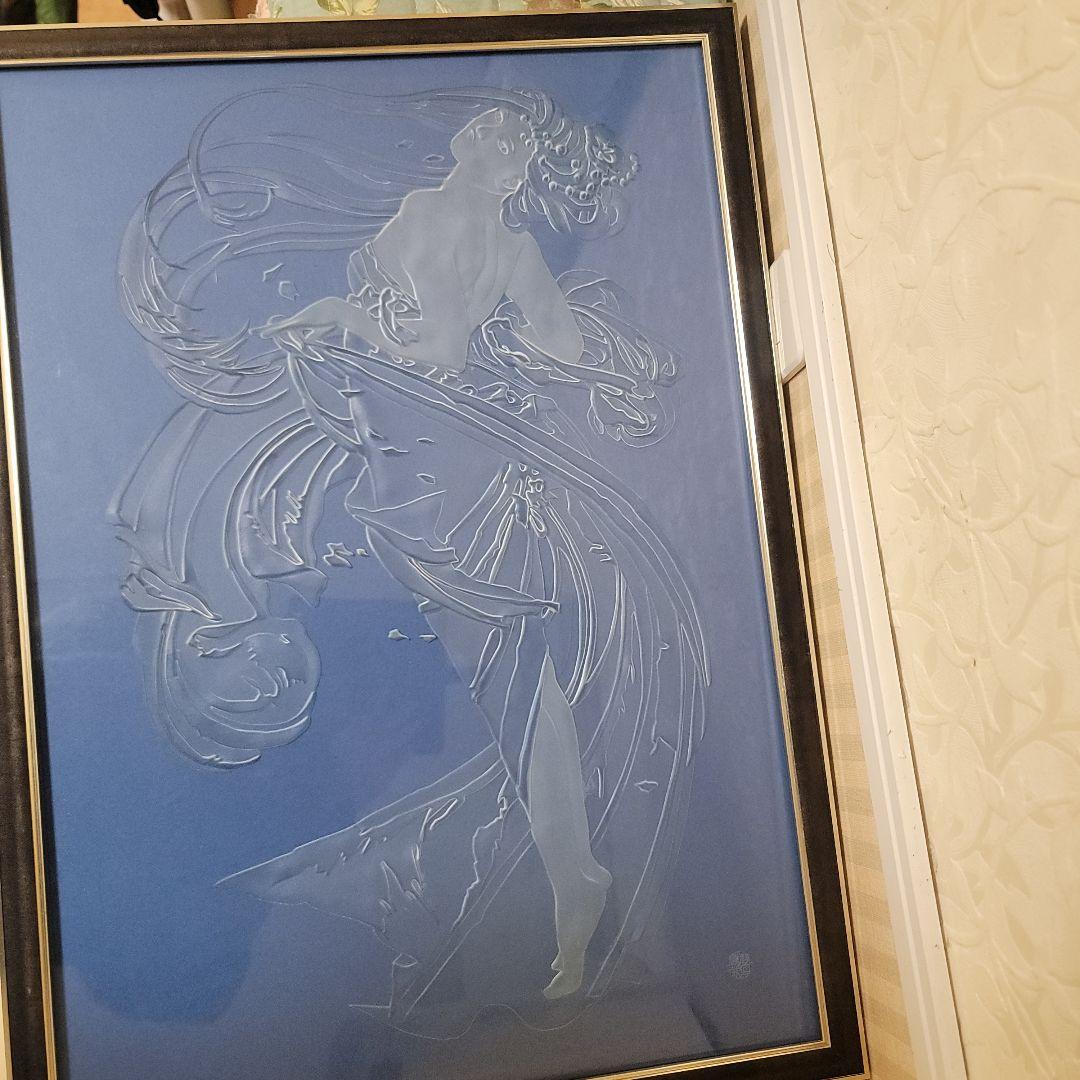 エッチング ガラス彫刻　ヴィンテージアート工芸品　額入り　ミュシャの絵モチーフ