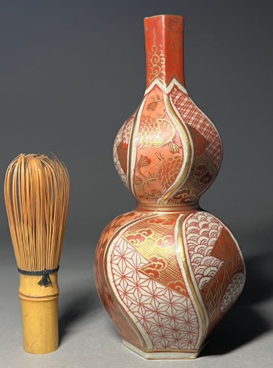 【エビス】徳利 九谷焼 福印 金彩赤絵唐草文景色図 金襴手 赤絵 御銚子 瓢形