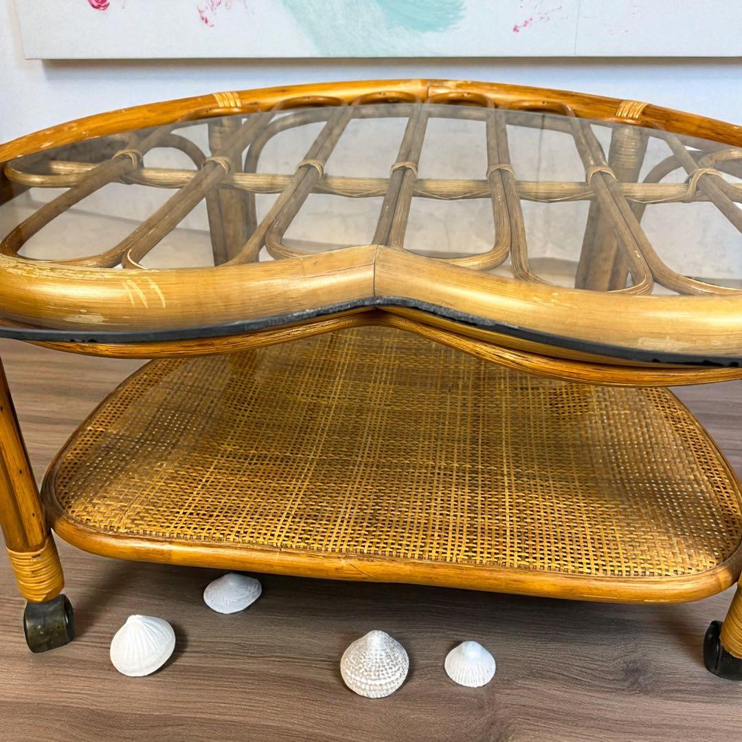 【希少】ハート型　ラタン　ガラス　テーブル　アンティーク　家具　レトロインテリア