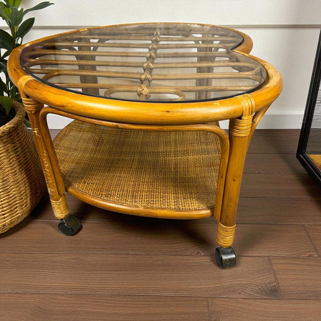 【希少】ハート型　ラタン　ガラス　テーブル　アンティーク　家具　レトロインテリア