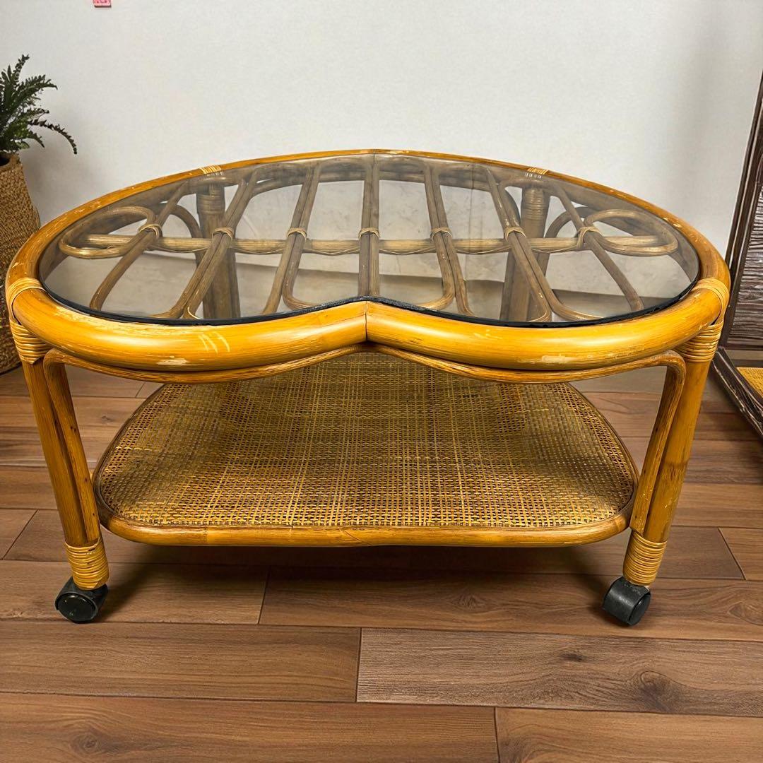 【希少】ハート型　ラタン　ガラス　テーブル　アンティーク　家具　レトロインテリア