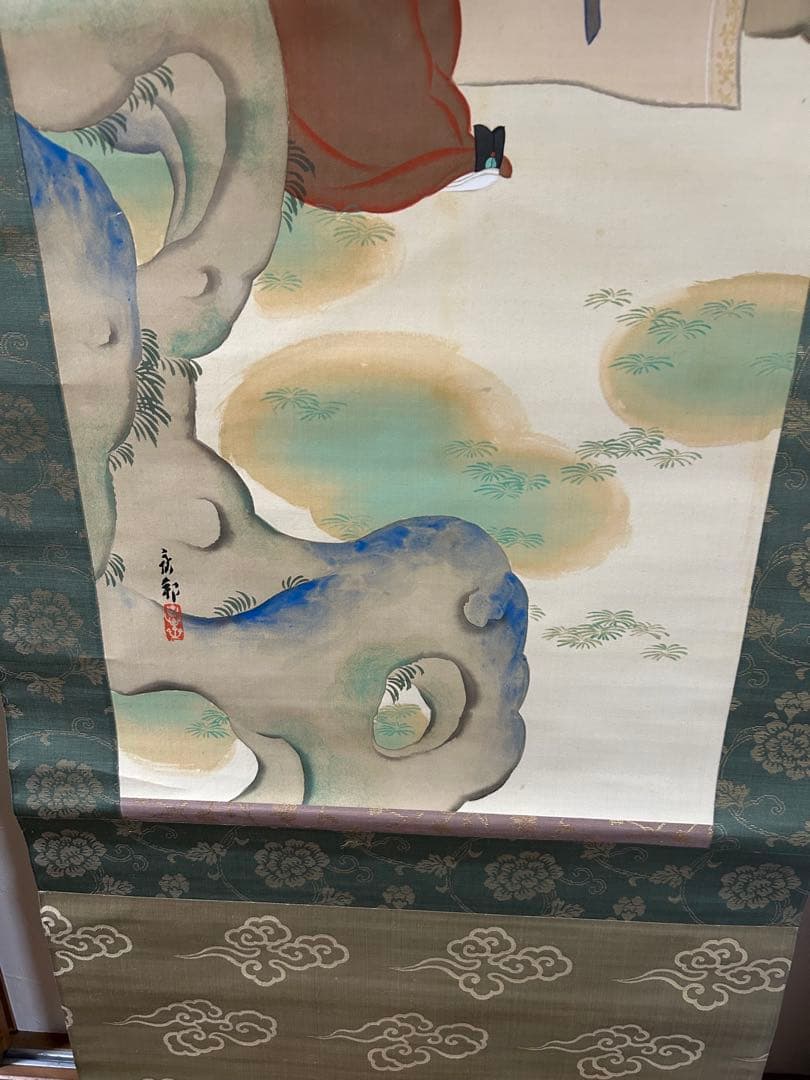 k*3様 橋本永郁 聴琴　美人図　双幅 共箱 漆塗軸先 掛け軸　骨董品