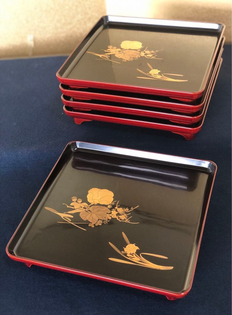 《レ》研ぎ出し蒔絵 青貝 脚付 会席膳5客 木製漆器 木箱　260128く2