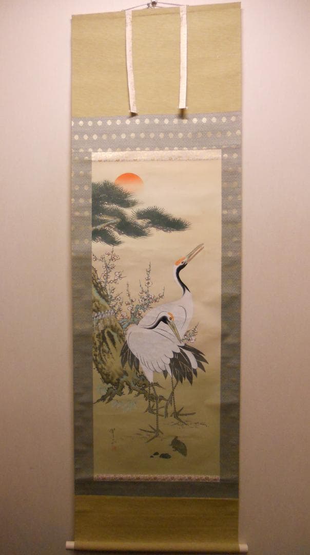 掛け軸 翠正 『 双鶴 』 絹本 希少 軸装 茶道具 掛軸 美品 です。