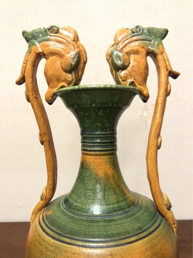 唐三彩　雙耳龍耳花瓶】 木箱付　遼三彩