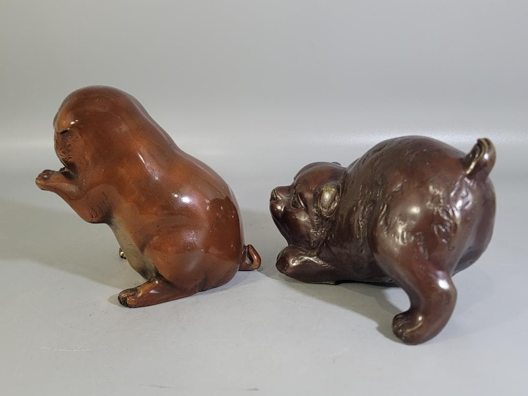 可愛い 遊 犬 置物 銅製 二件 DT592
