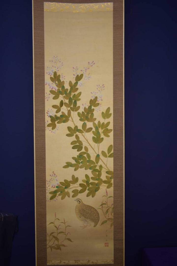 真作/貴道春鳳/敬太朗/萩に鶉図/ウズラ図/布袋屋掛軸HI-760