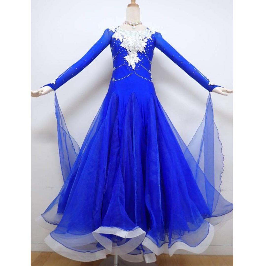 B1444★SMサイズ★青×白/花モチーフ/スタンダードドレス☆社交ダンス