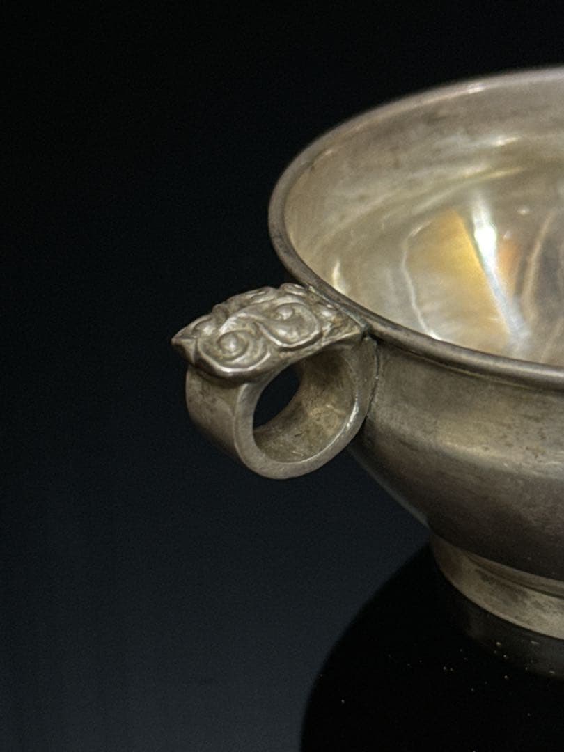 平安 名人 二世 秦 蔵六 造 銀無垢製 饕餮文後手 杯 盃 酒器 桐共箱付