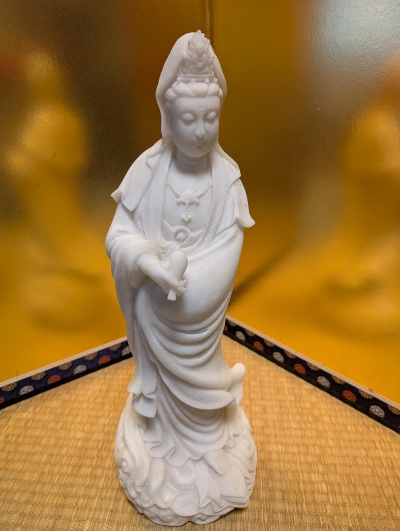 古美術　彫刻　石彫　大理石風　観音様　立像　木台付