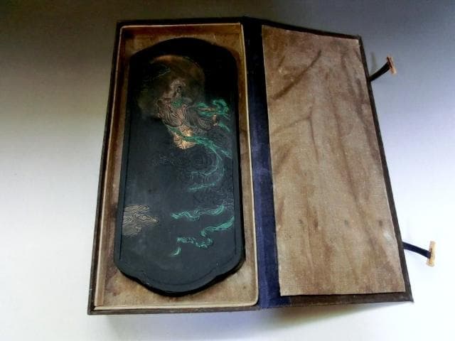 墨■中国墨【嫦娥奔月】天女様 花唐草 古墨 唐墨 書道道具 時代物 高級品銘墨■