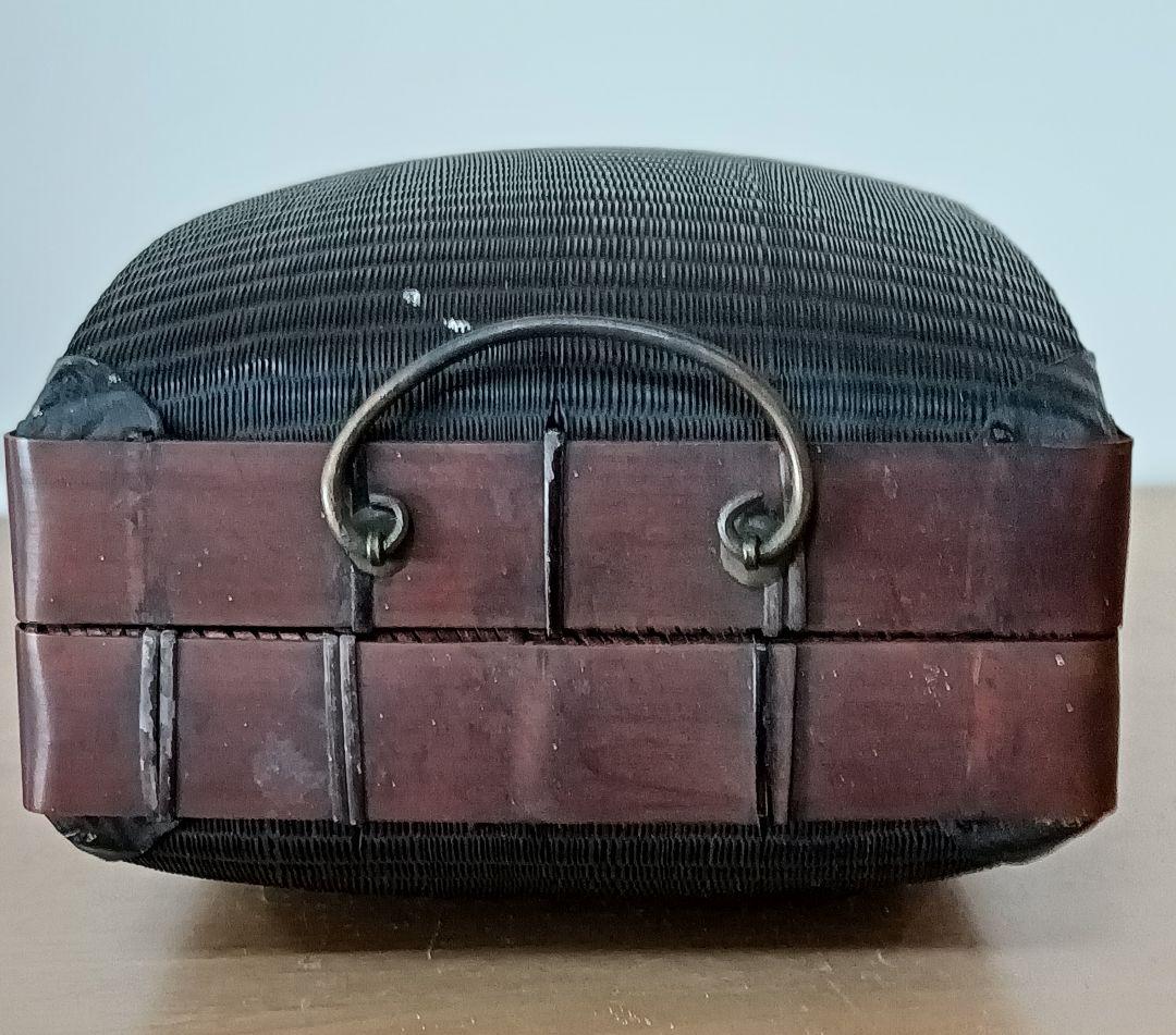 古い 弁当箱 竹編み 銅金具 　箸 網袋 木箱付