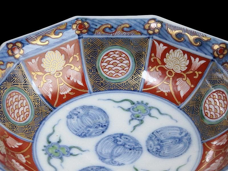 大聖寺伊万里　金襴手　鳳凰に雲　花に青海波の図　八角膾皿　D737AS-fbsv