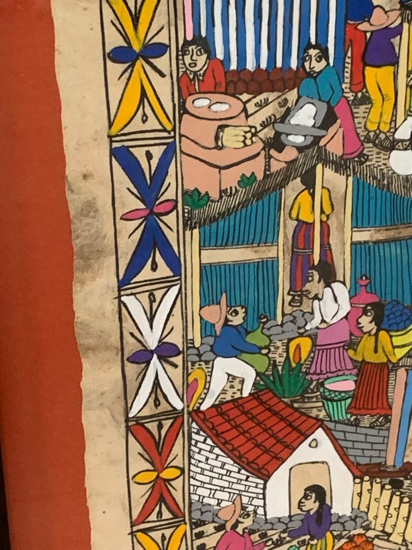 メキシコの村落　カラフルな民俗画