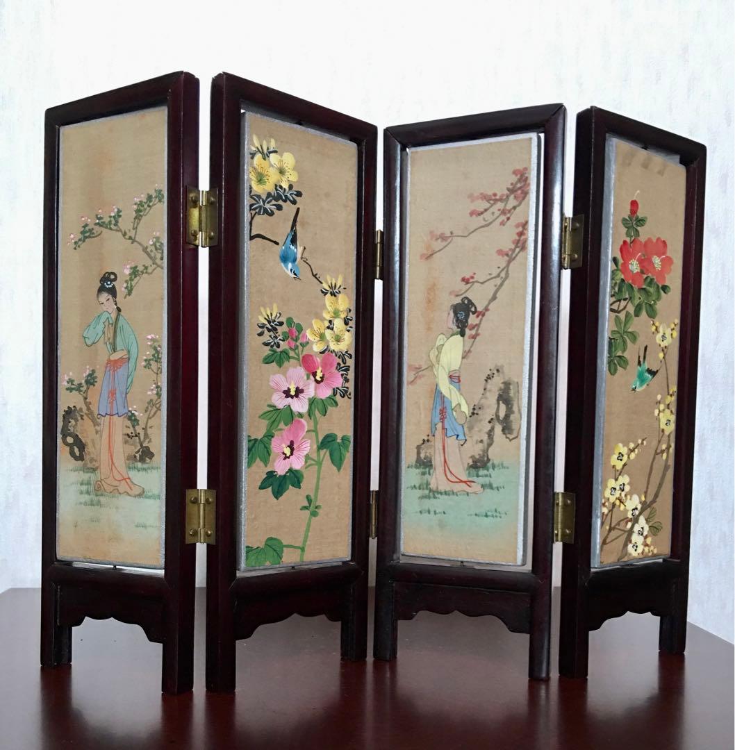 ★中国美術工芸品　回転式　ミニ屏風　両面飾り　花画　　美人画