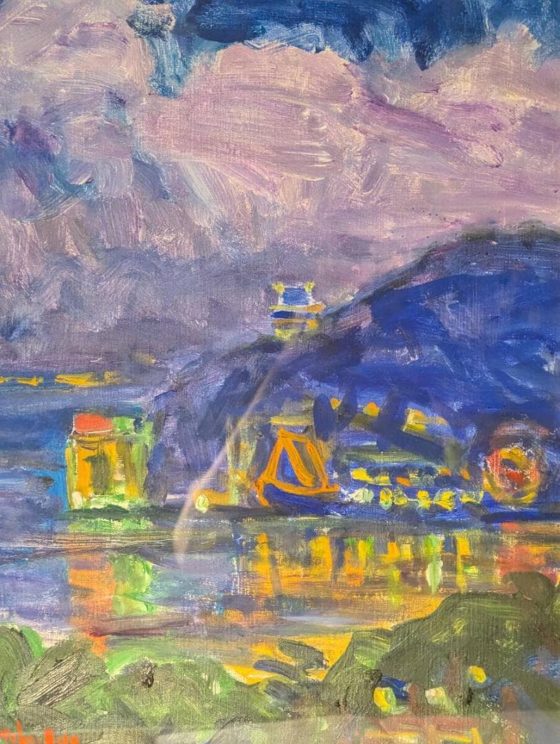 【真作】絵画　井手宣通　油彩6号　白い夜の雲　熱海にて　夜の港町　Z64