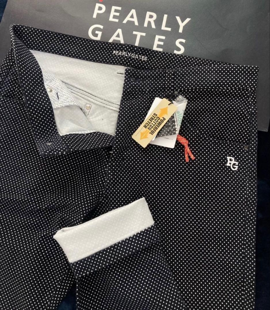 新品 パーリーゲイツ パワフルコットンストレッチ ドット柄 パンツ(5)L/黒