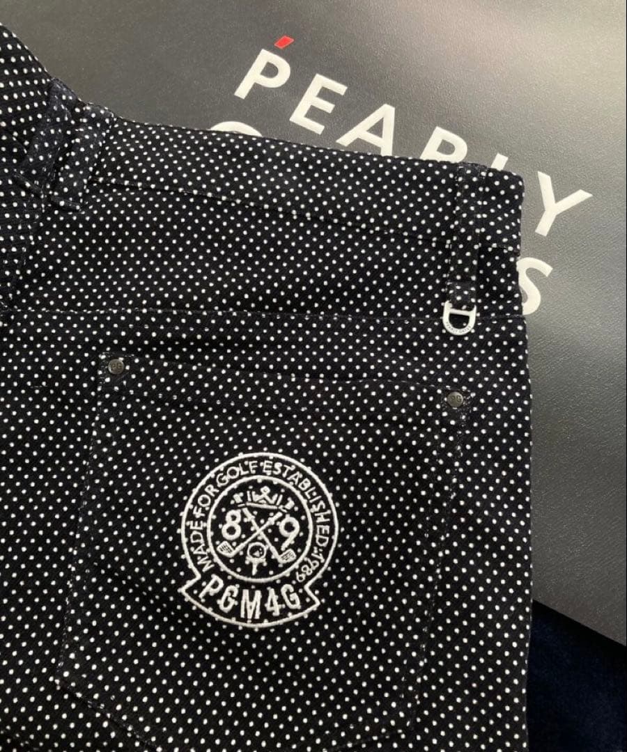 新品 パーリーゲイツ パワフルコットンストレッチ ドット柄 パンツ(5)L/黒