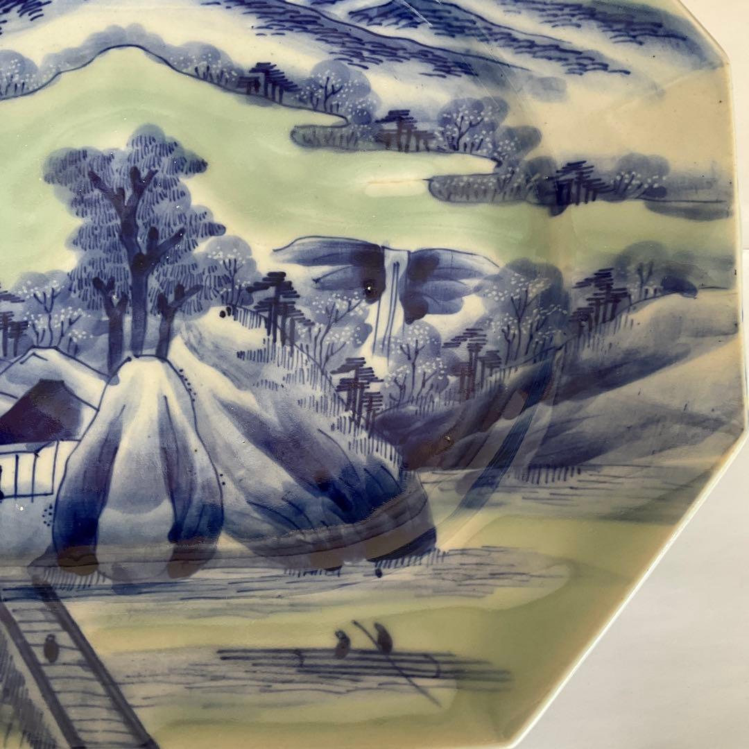 古伊万里　青磁染付山水文八角皿　江戸時代中期〜後期頃　名品