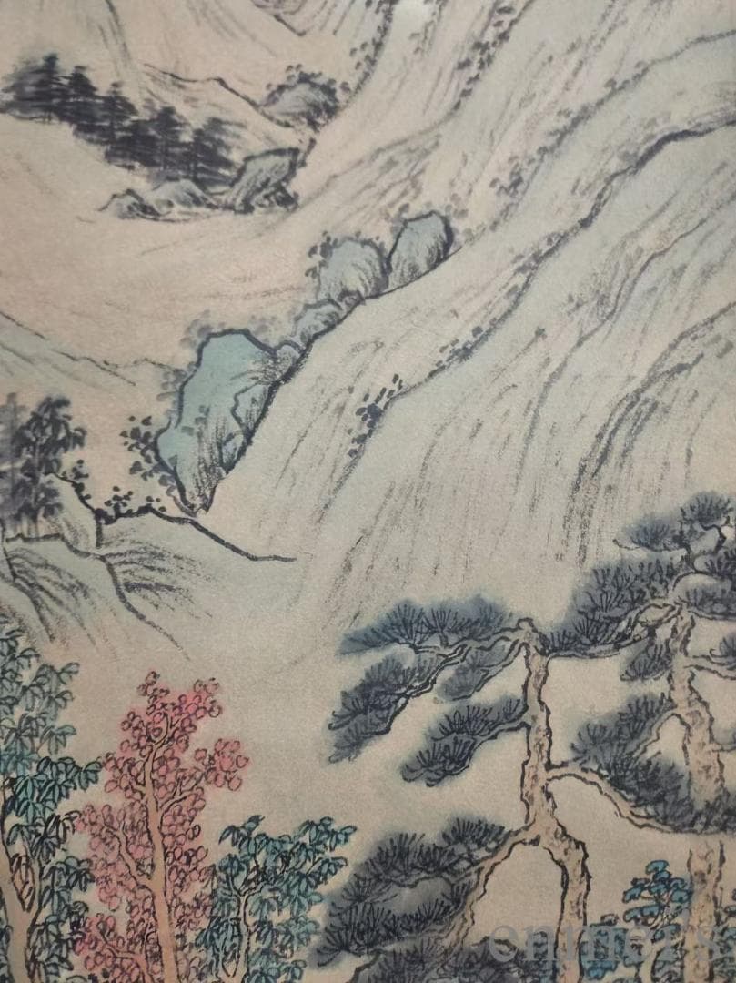 中国古美術.王原祁款.山水図.宣紙画.三尺手描き.肉筆.掛け軸.水墨画.文房置物