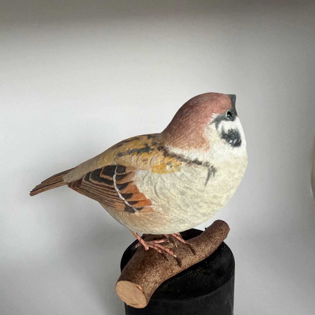「スズメ」 バードカービング　野鳥彫刻 木彫りの野鳥 リアル野鳥