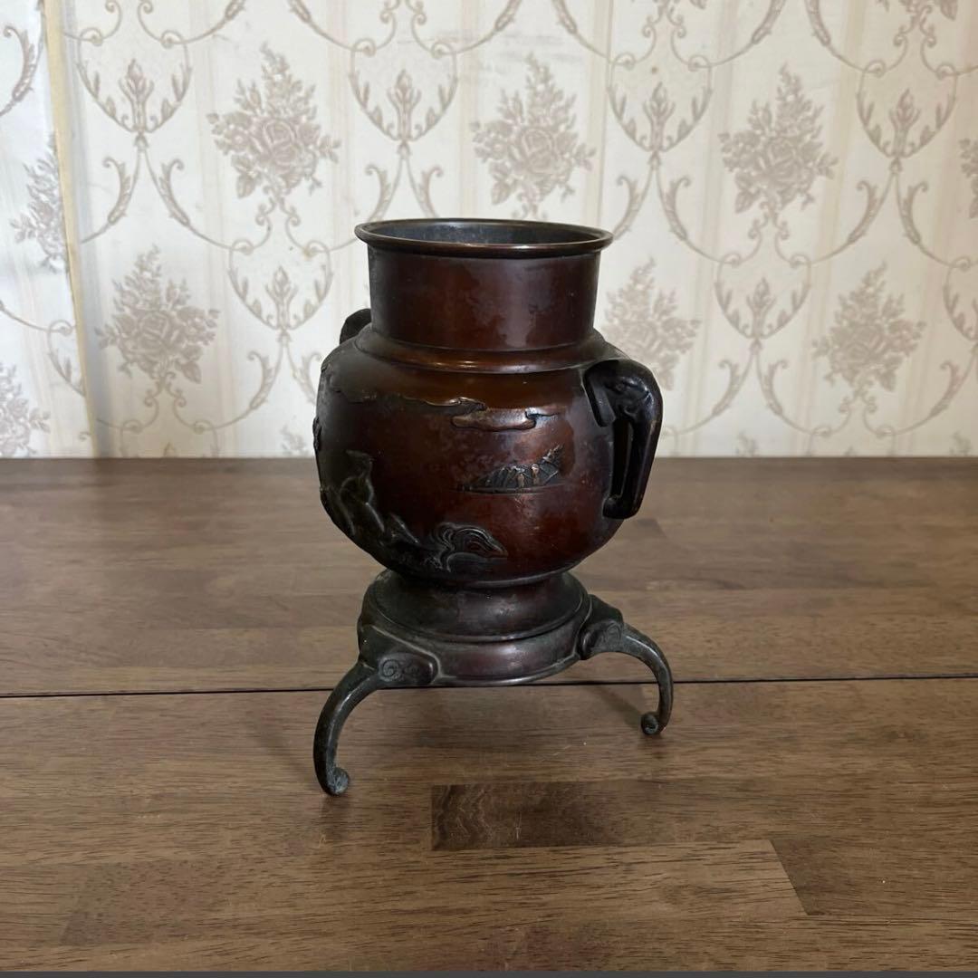 【アンティーク】銅製 青銅 薄端 中国美術 置物 三足 花器 花瓶 香炉 古道具