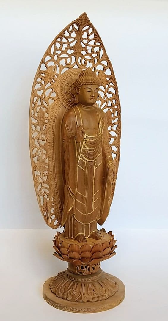 阿弥陀如来立像 5寸 #661 円台座 宝相華唐草 透彫り◆白檀 木彫 仏像