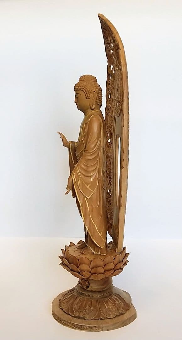 阿弥陀如来立像 5寸 #661 円台座 宝相華唐草 透彫り◆白檀 木彫 仏像