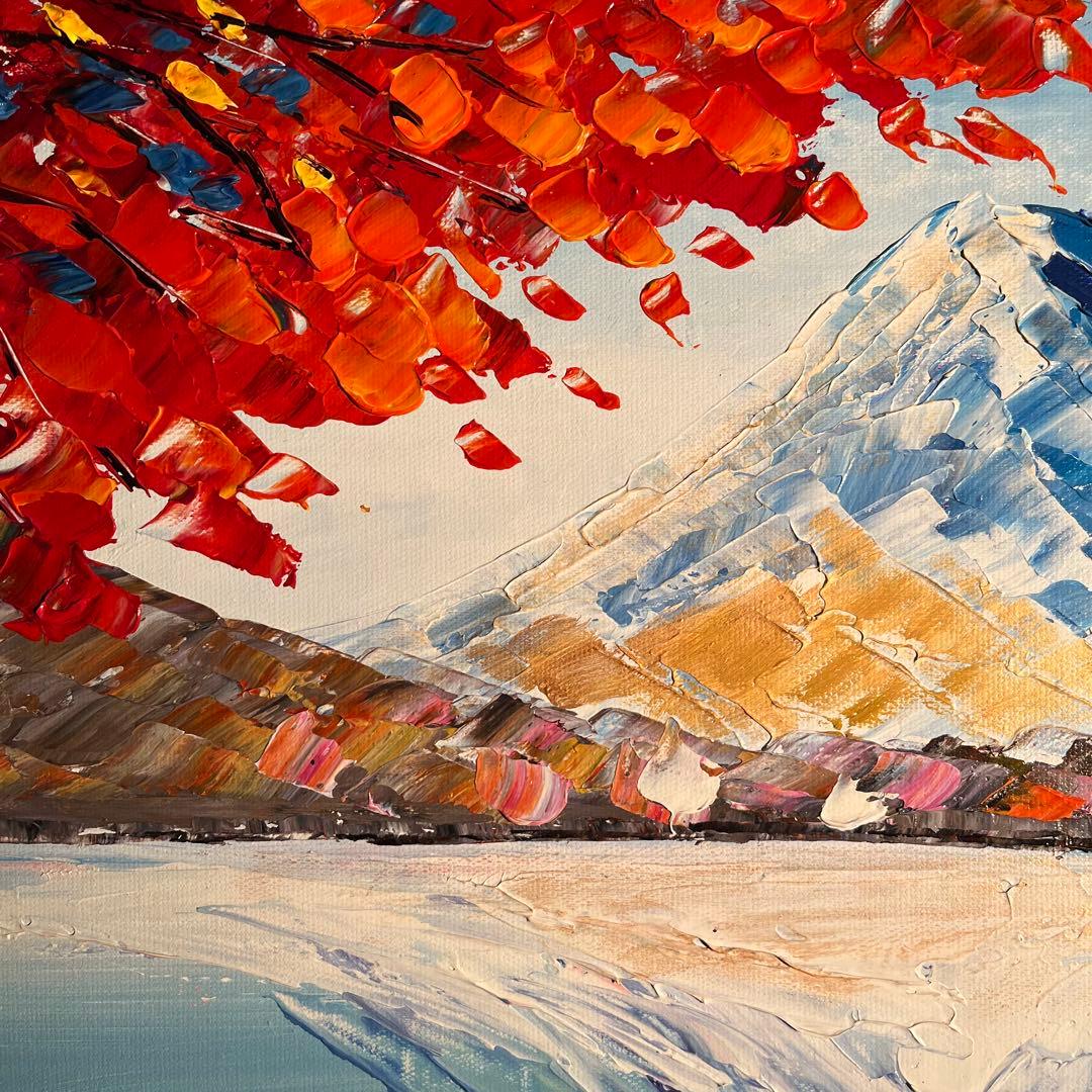 手書き油絵 色づく湖と山 額付き 肉筆絵画 インテリア 油彩画