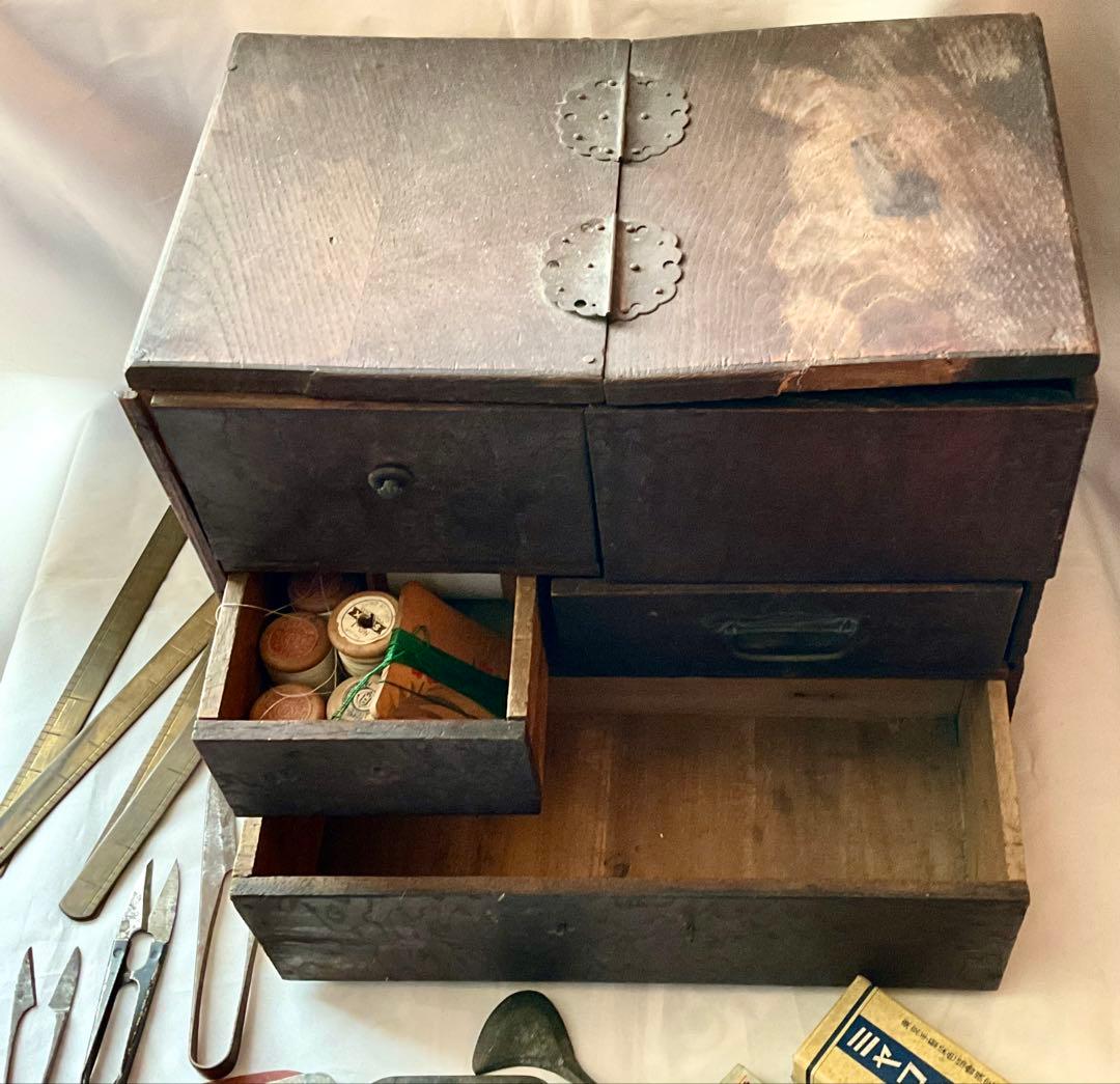 骨董 木製 櫓裁縫箱 古道具　アンティーク　裁縫　手芸道具　まとめ売り