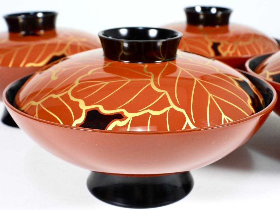 輪島塗　金彩蒔絵　柏葉尽蒔絵　木製　大煮物碗 吸物碗 四客