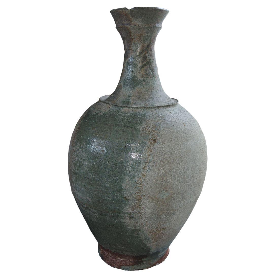 李朝　灰釉突帯付壺　花瓶　置物