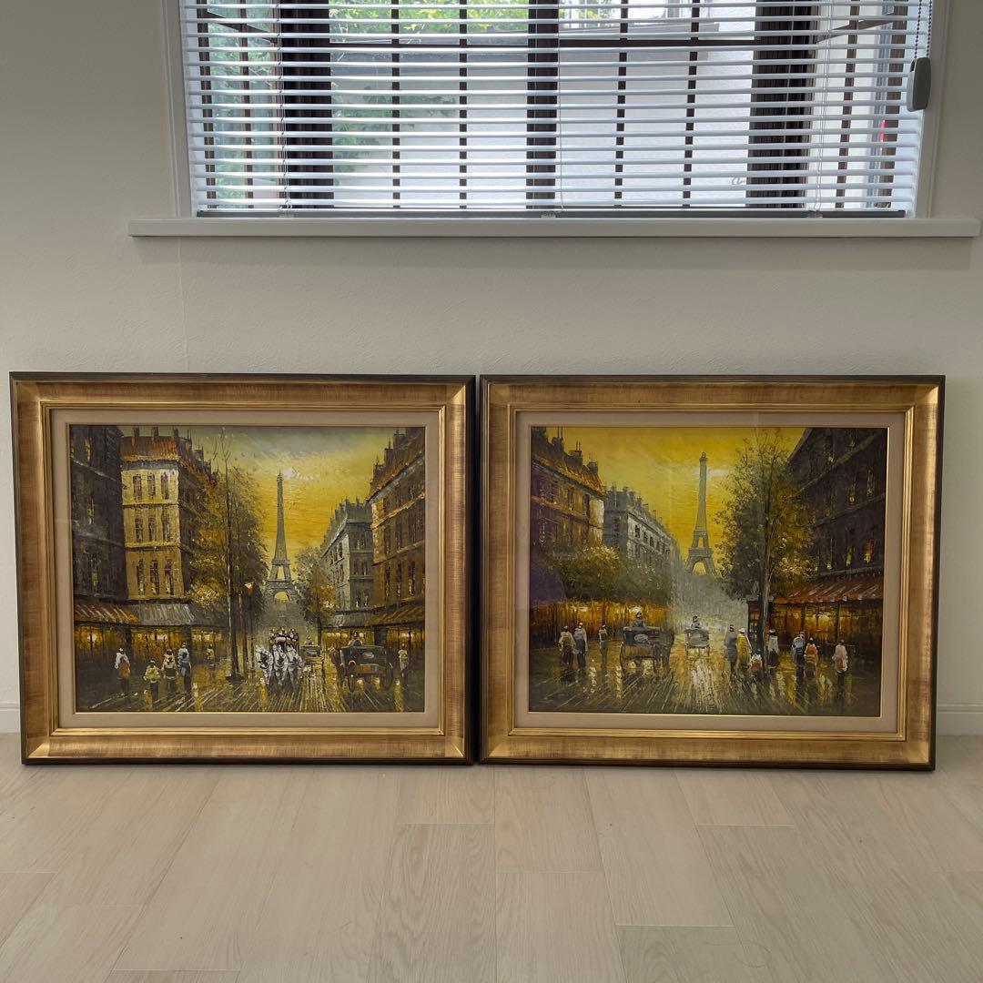 パリの街並み 油彩画 エッフェル塔　2セット