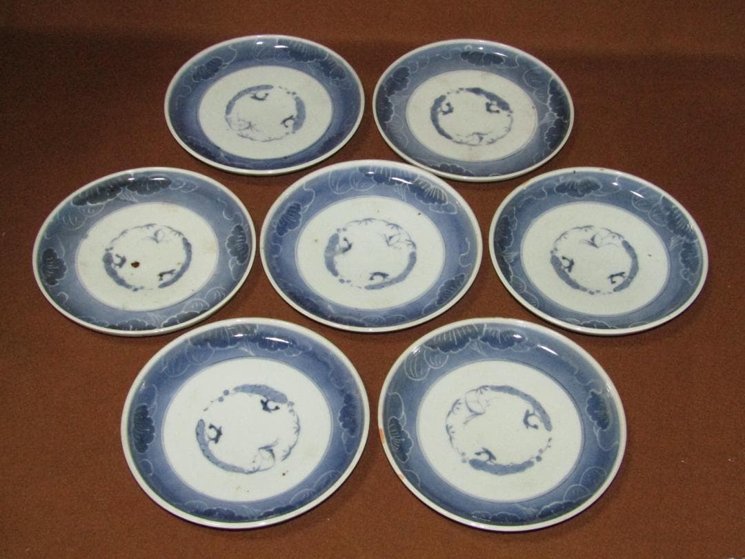 珍品！【染付　墨弾き　松竹梅図　六寸皿　七枚　江戸時代】古伊万里