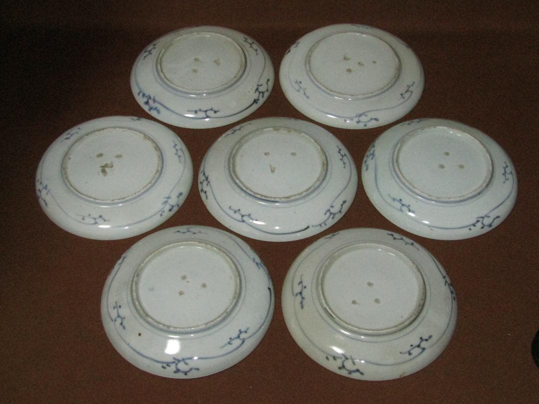 珍品！【染付　墨弾き　松竹梅図　六寸皿　七枚　江戸時代】古伊万里