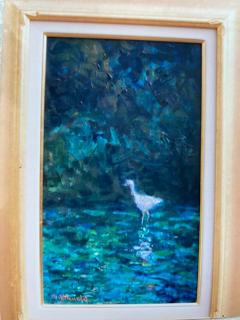 油絵。M6 「獲物をねらう」 自然　青　原画　一点物　額付き