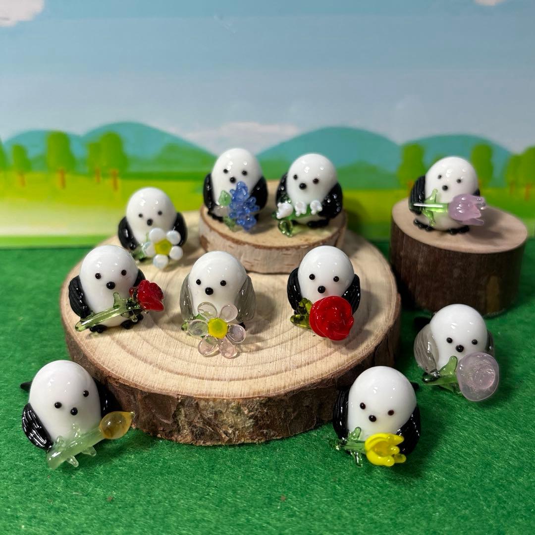 シマエナガとお花　ガラス細工　ミニチュア