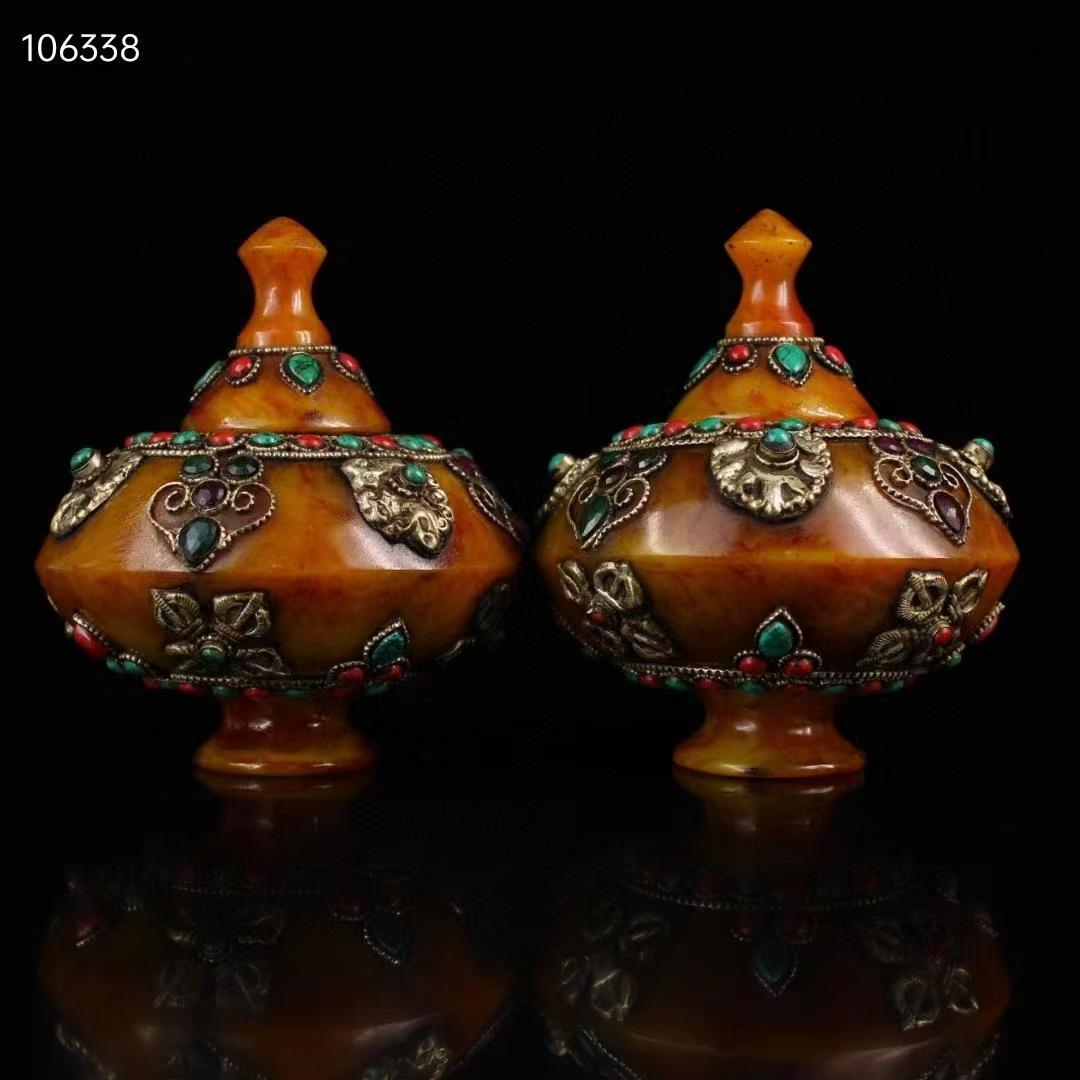 中国古美術・チベット収· 老蜜蝋純手作り・宝石掐糸多宝缶・舎利缶一対・西蔵手工芸