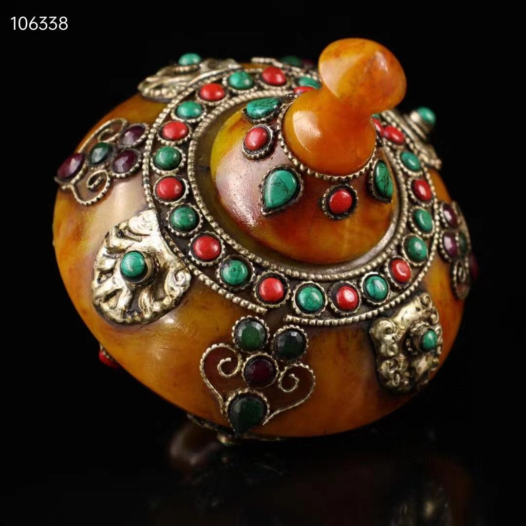 中国古美術・チベット収· 老蜜蝋純手作り・宝石掐糸多宝缶・舎利缶一対・西蔵手工芸