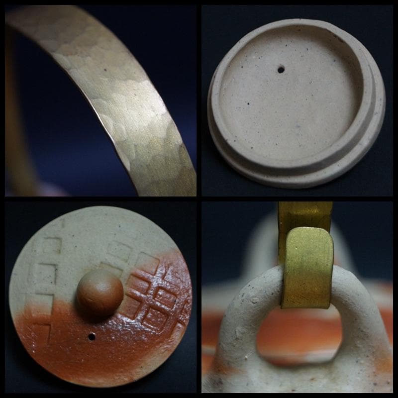 備前焼 小西陶蔵造 緋襷窯変 造形急須 黄銅打出し提手土瓶 共箱★美品★茶事