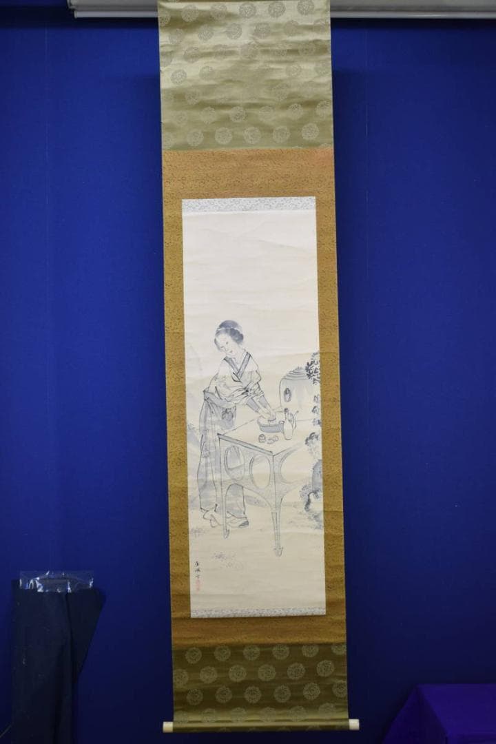 真作/古市金峨/唐美人図/絹表装/布袋屋掛軸HF-234