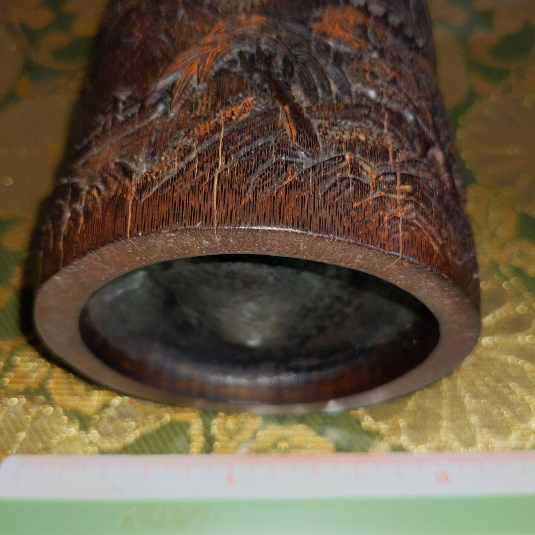 【最終価格】 中国骨董　彫刻筆筒　山水図　黒　時代品
