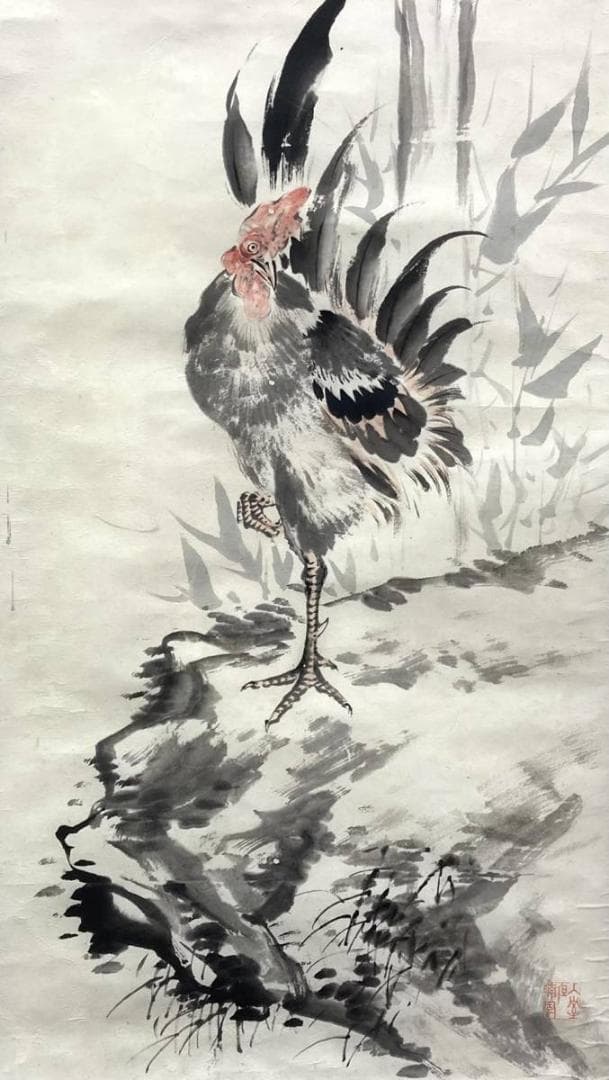 児玉果亭／田能村直入師事「軍鶏」花鳥画 水墨画 掛軸 紙本：長野県