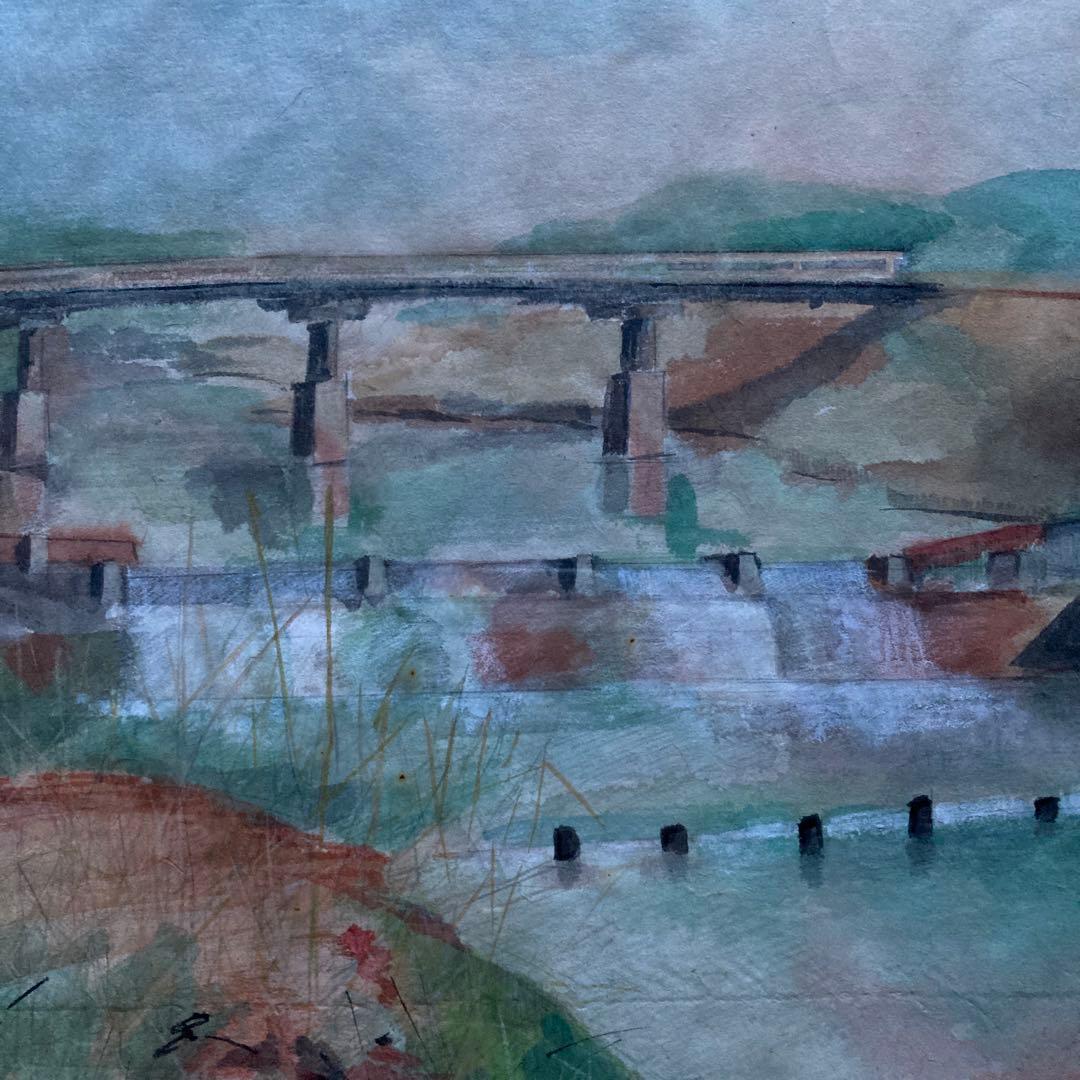 水彩画　作者不詳　橋のある風景(仮題) 額48×55絵29×35cm ￼