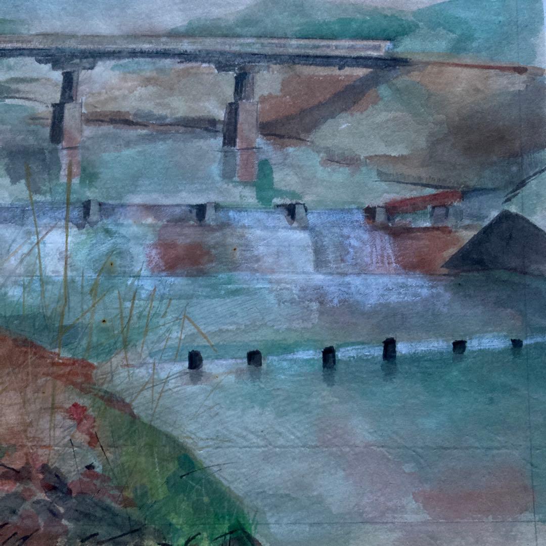 水彩画　作者不詳　橋のある風景(仮題) 額48×55絵29×35cm ￼