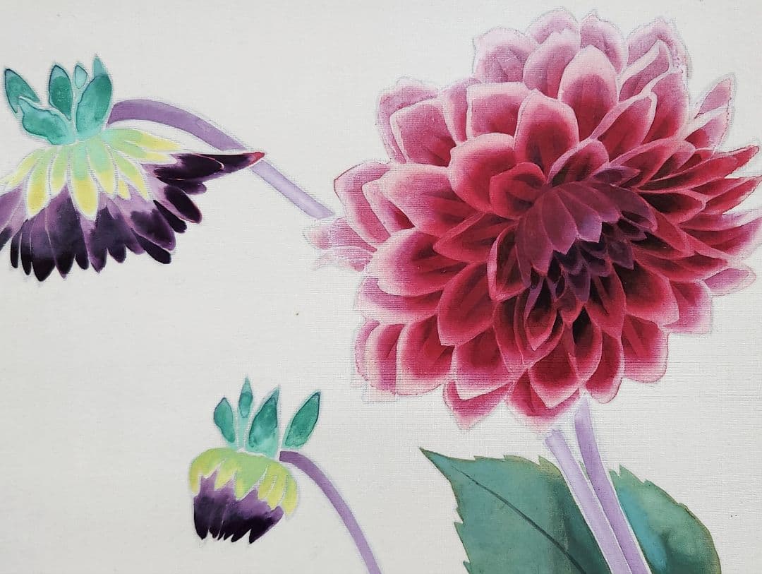 【ダリア図】川手青郷 2693 共箱 掛け軸 肉筆 夏～秋