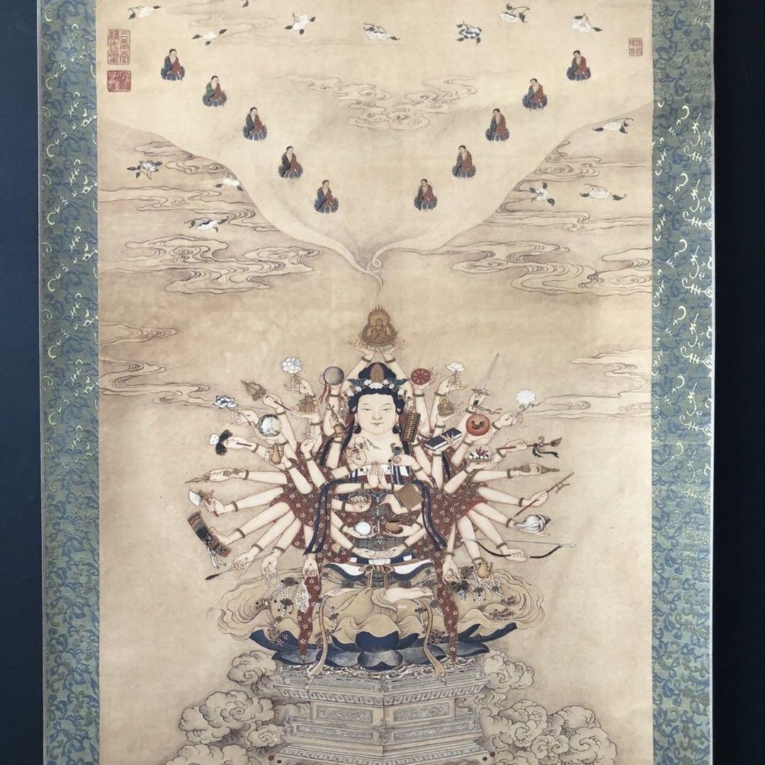 中国画 掛け軸 仏画 観音菩薩 宝相観音 彩色 仏教美術 中国美術 インテリア