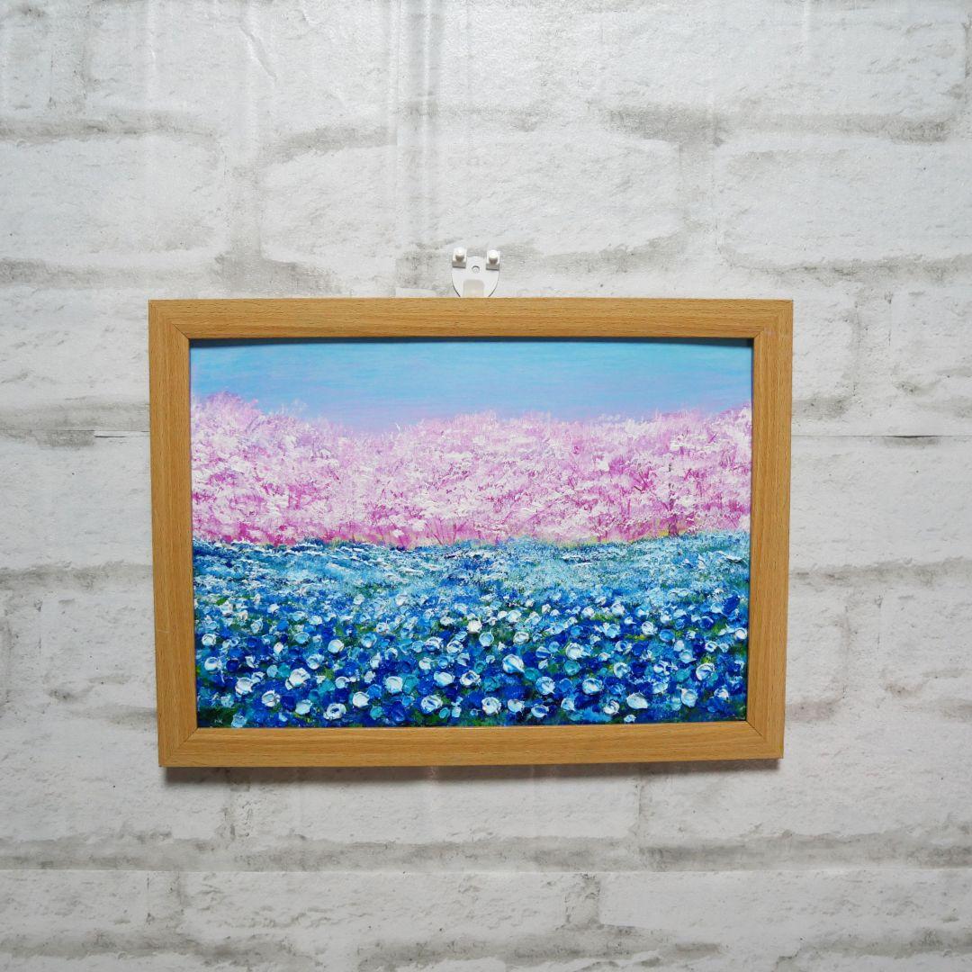 油絵 油彩 油彩画 絵画 絵【ネモフィラとサクラ】