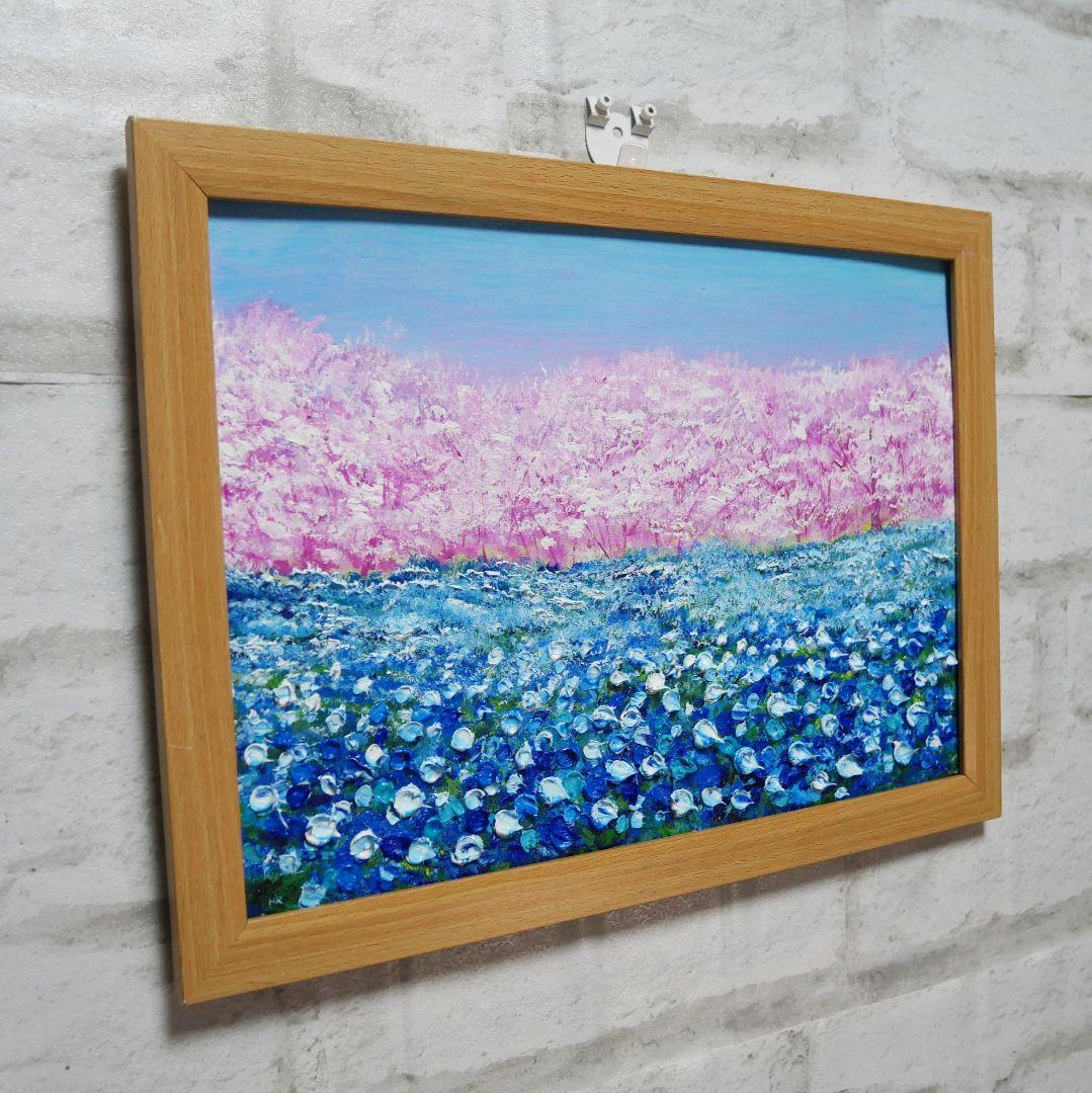 油絵 油彩 油彩画 絵画 絵【ネモフィラとサクラ】