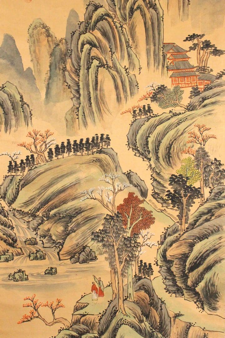 No5238 掛軸　倉山画院　山水図　絹本着色　唐物　中国画　古美術　送料無料